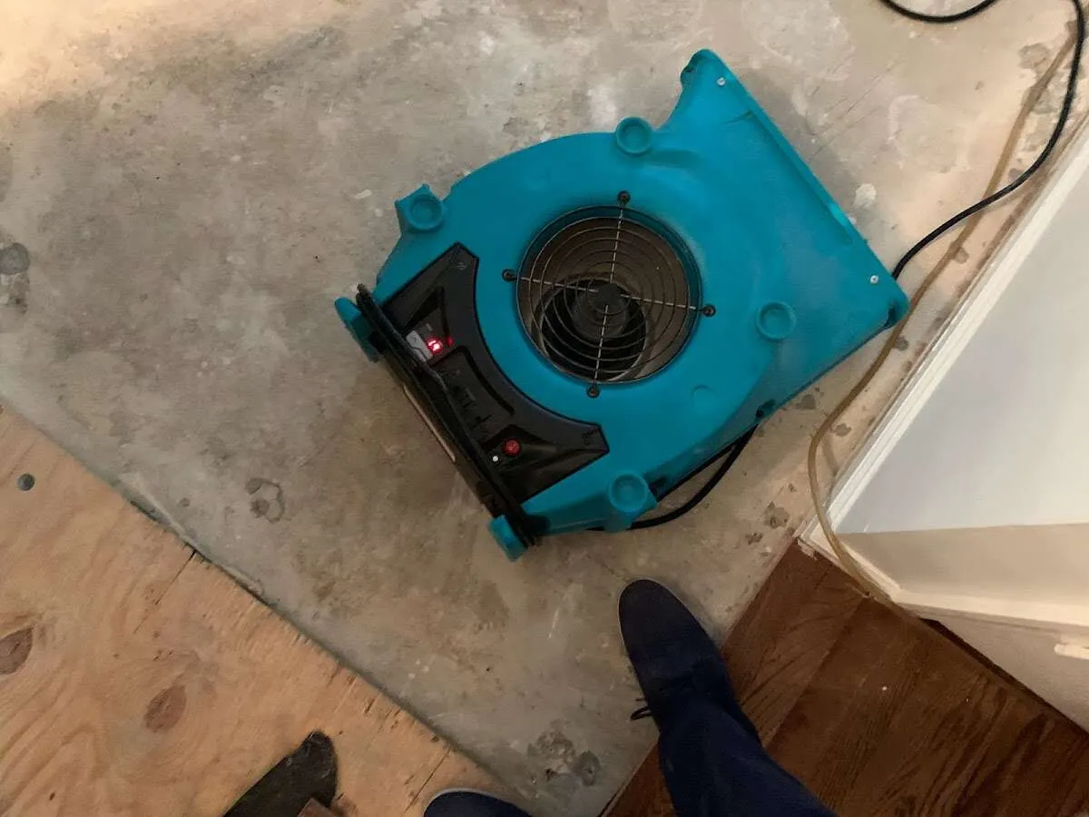 Air mover drying subfloor during Leak Detection & Repair in Prairie Grove